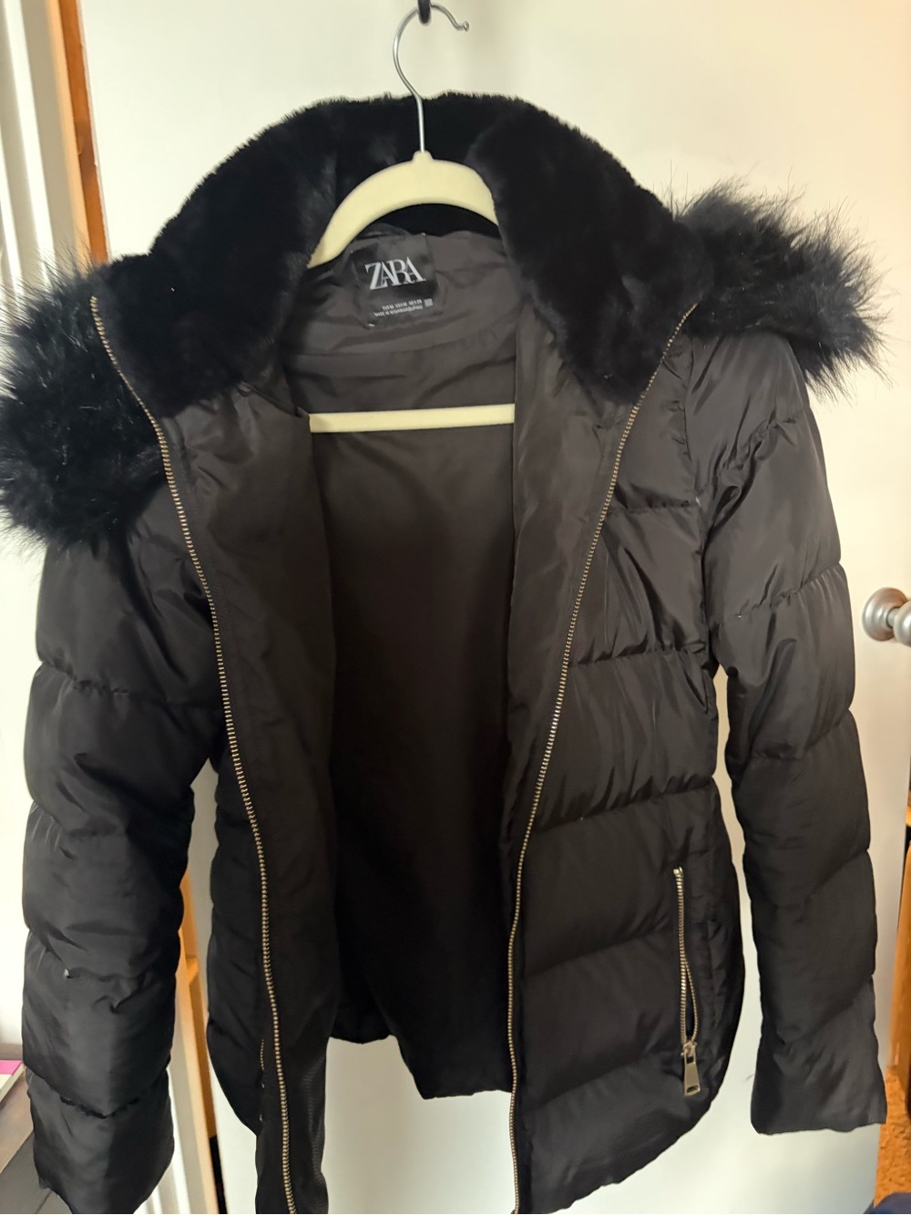 Zara Black Faux-Fur Trim Quilted Puffer Jacket